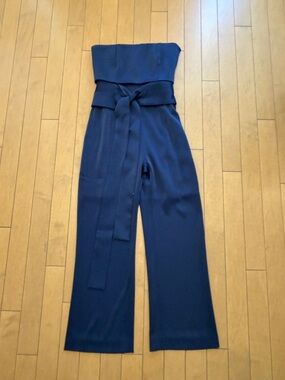 Designer Strapless Satin Navy Wide-Leg Jumpsuit with Self Tie Belt size 6